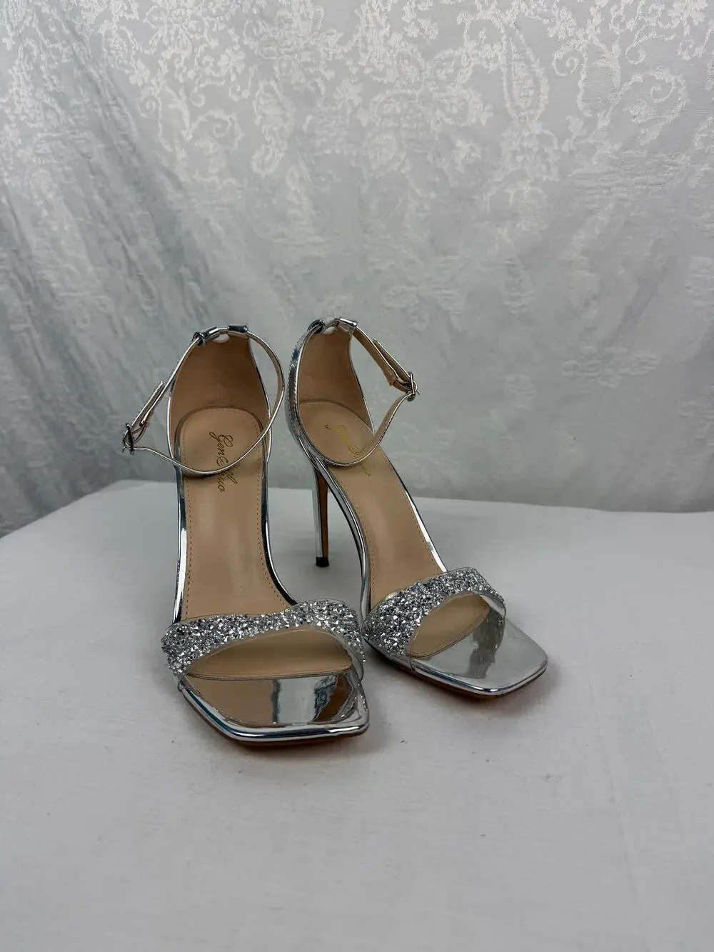 Genshou Silver Rhinestone Ankle Strap Stiletto Heels Size 8.5